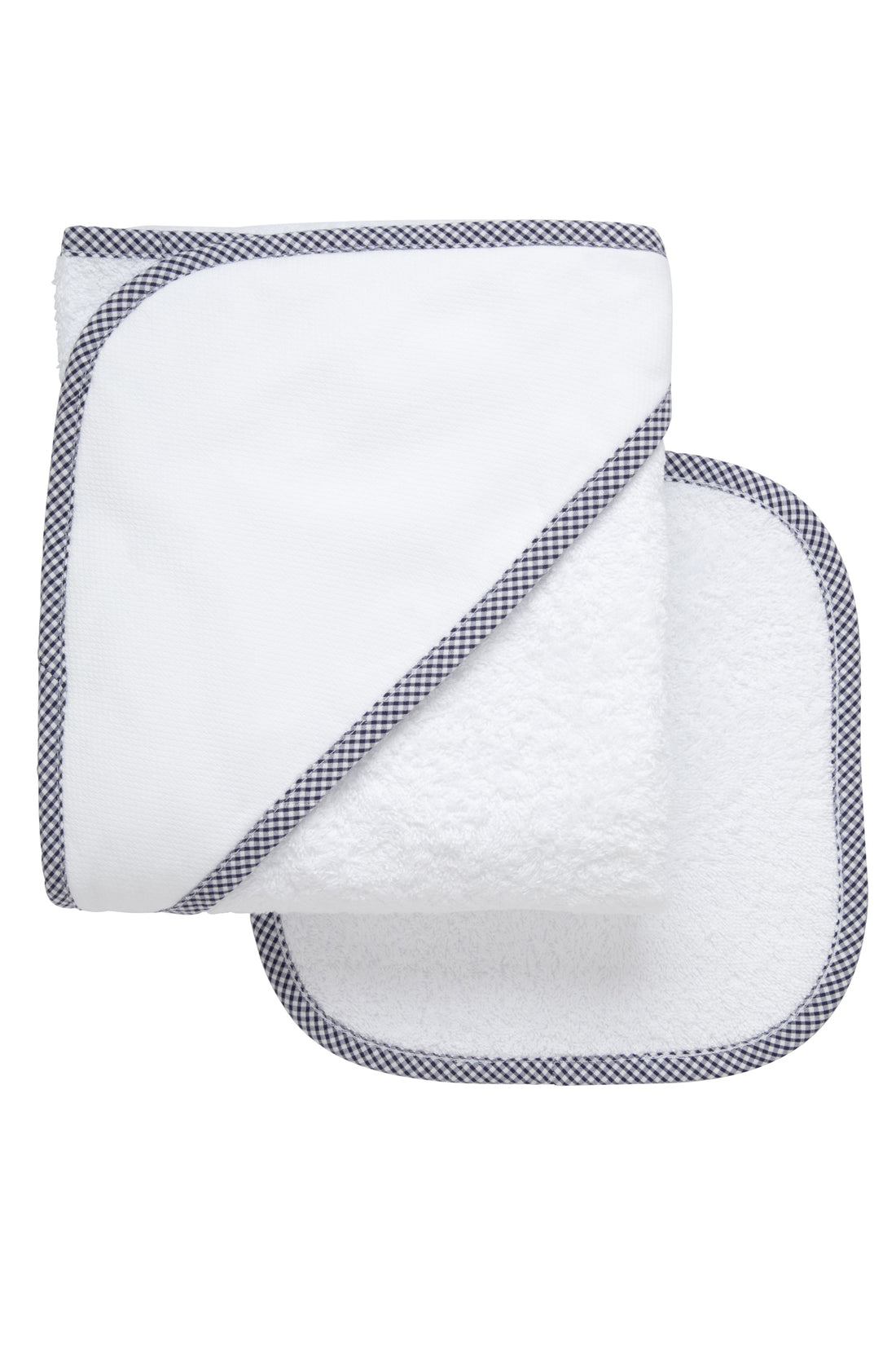 Cotton terry hooded towel and washcloth for baby to toddlers with navy small gingham check trimmed hood, 3 Marthas