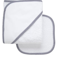 Cotton terry hooded towel and washcloth for baby to toddlers with navy small gingham check trimmed hood, 3 Marthas