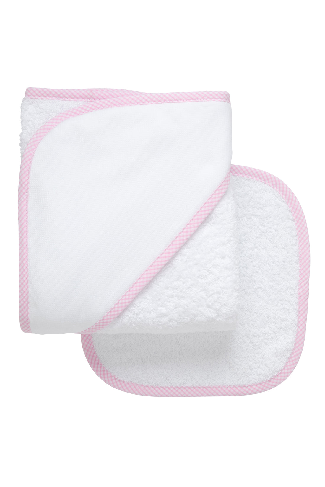Cotton terry hooded towel and washcloth for baby to toddlers with pink small gingham check trimmed hood, 3 Marthas