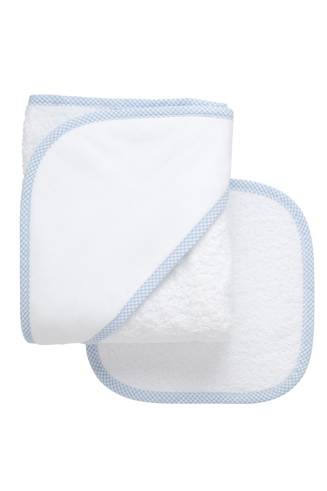 Cotton terry hooded towel and washcloth for baby to toddlers with blue small gingham check trimmed hood, 3 Marthas
