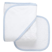 Cotton terry hooded towel and washcloth for baby to toddlers with blue small gingham check trimmed hood, 3 Marthas