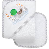 Cotton terry hooded towel and washcloth for baby to toddlers with a green, gray, and brown gingham check mallard applique on the hood, 3 Marthas