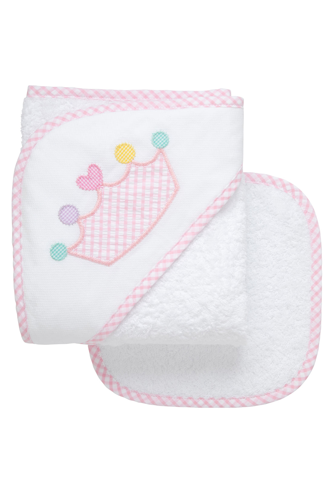 Cotton terry hooded towel and washcloth for baby to toddlers with a pink gingham check crown applique on the hood, 3 Marthas
