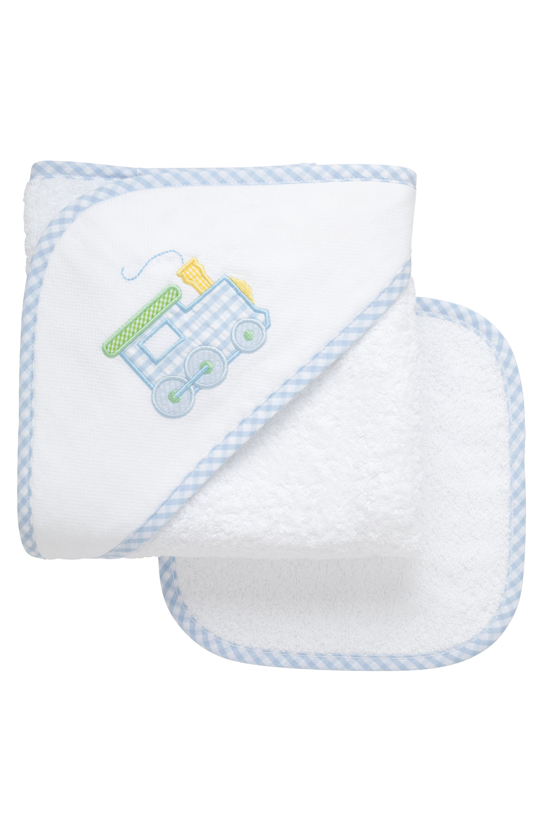 Cotton terry hooded towel and washcloth for baby to toddlers with a blue gingham check train applique on the hood, 3 Marthas