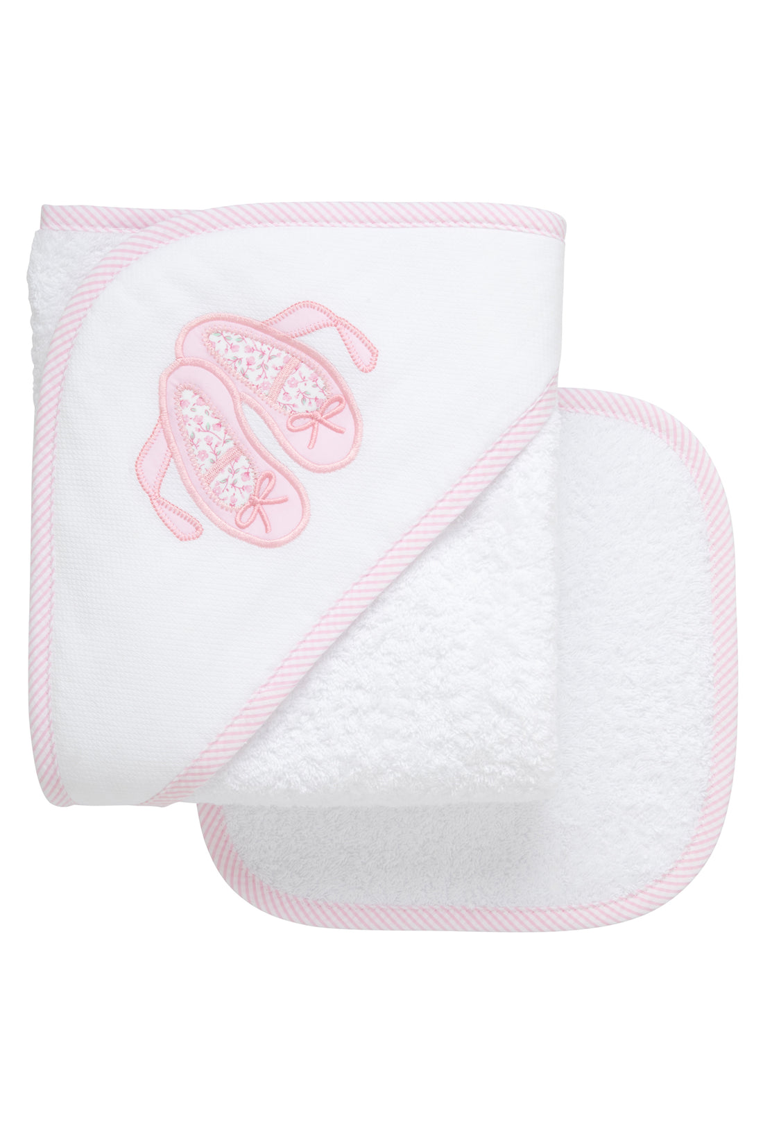 Cotton terry hooded towel and washcloth for baby to toddlers with a pair of pink bow and floral  ballet slippers applique on the hood, 3 Marthas