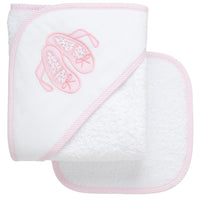 Cotton terry hooded towel and washcloth for baby to toddlers with a pair of pink bow and floral ballet slippers applique on the hood, 3 Marthas