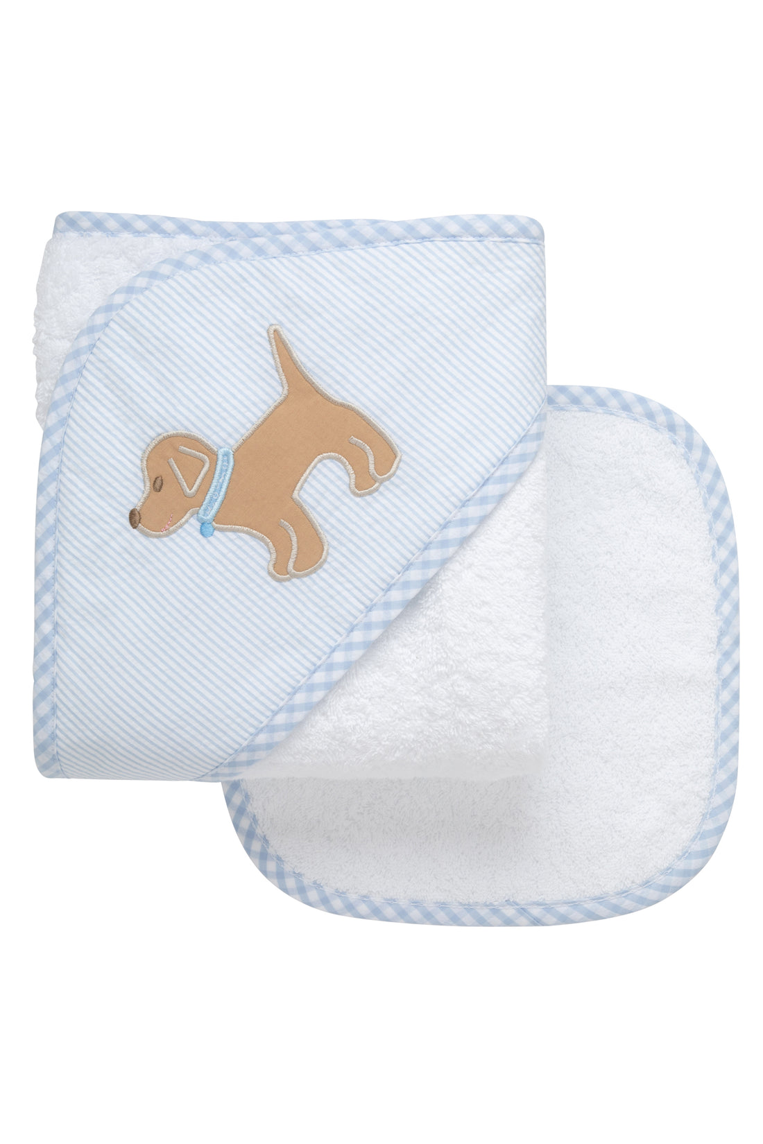 Cotton terry hooded towel and washcloth for baby to toddlers with blue seersucker stripe fabric and a lab puppy applique on the hood, 3 Marthas