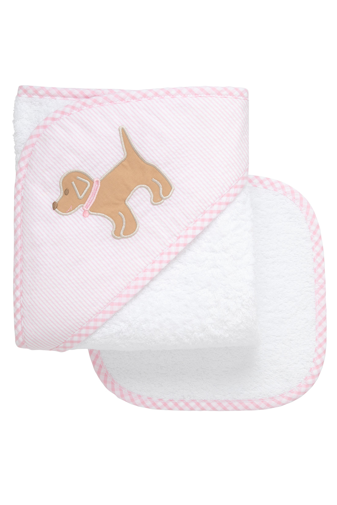 Cotton terry hooded towel and washcloth for baby to toddlers with pink seersucker stripe fabric and a lab puppy applique on the hood, 3 Marthas