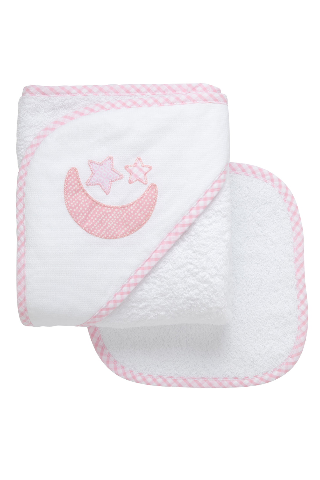 Cotton terry hooded towel and washcloth for baby to toddlers with pink crescent moon and gingham check star appliques, 3 Marthas