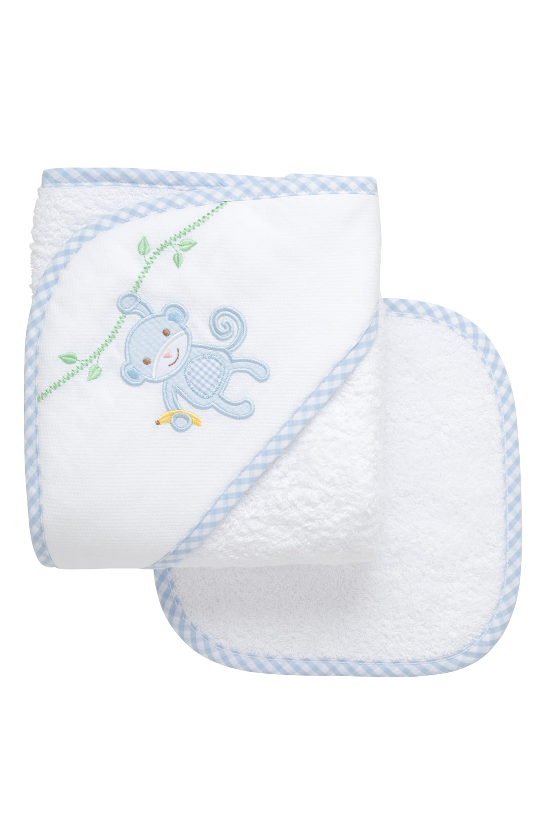 Cotton terry hooded towel and washcloth for baby to toddlers with a blue seersucker and gingham check monkey applique on the hood, 3 Marthas