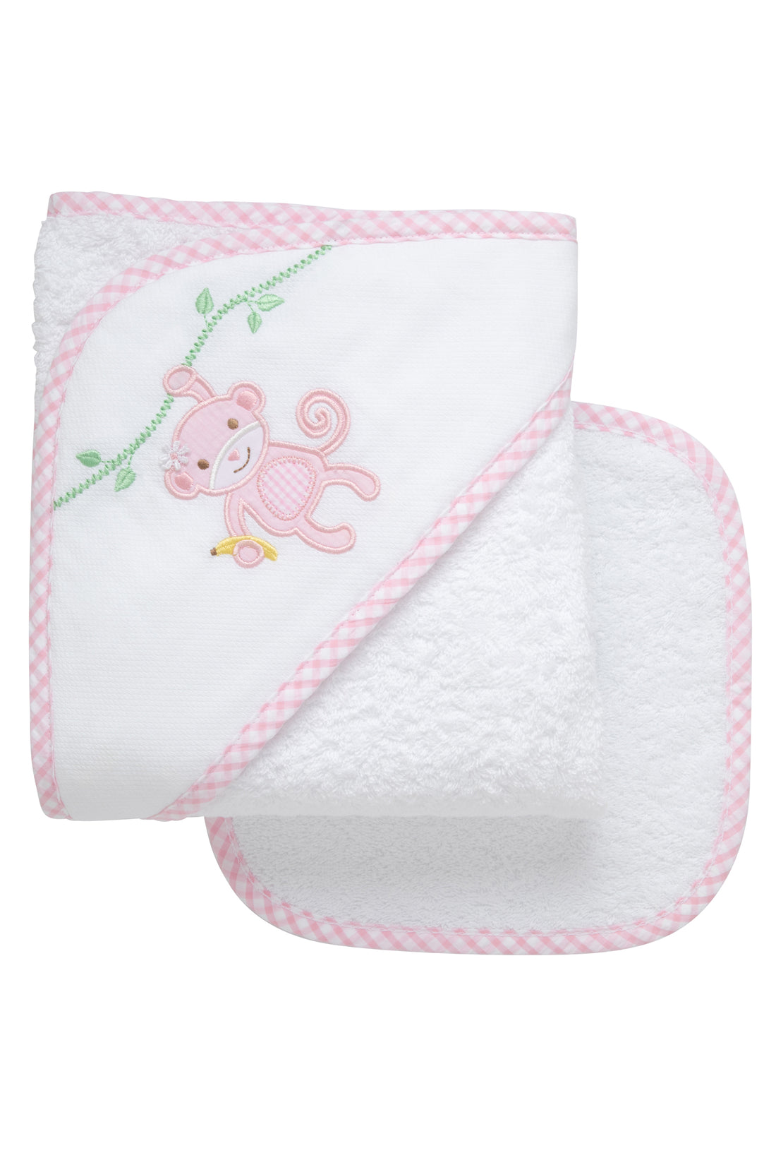 Cotton terry hooded towel and washcloth for baby to toddlers with a pink seersucker and gingham check monkey applique on the hood, 3 Marthas