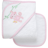 Cotton terry hooded towel and washcloth for baby to toddlers with a pink seersucker and gingham check monkey applique on the hood, 3 Marthas