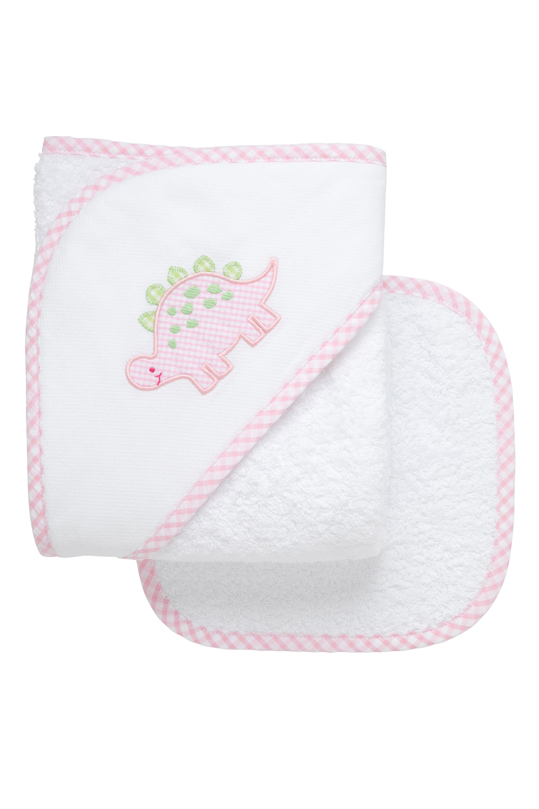 Cotton terry hooded towel and washcloth for baby to toddlers with a pink and green gingham check dinosaur applique, 3 Marthas