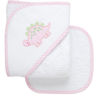 Cotton terry hooded towel and washcloth for baby to toddlers with a pink and green gingham check dinosaur applique, 3 Marthas