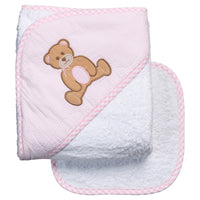 Pink and white baby hooded towel with a brown teddy bear design on a pink stripe background, 3 Marthas