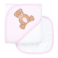 Pink and white baby hooded towel with a brown teddy bear design on a pink stripe background, 3 Marthas