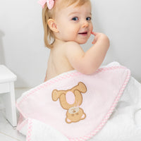 Baby in hooded towel outside of tub, 3 Marthas