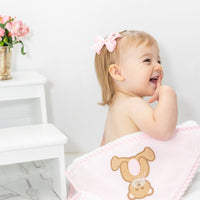 Baby in hooded towel outside of tub, 3 Marthas