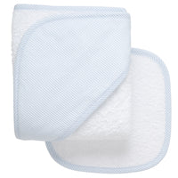Cotton terry hooded towel and washcloth for baby to toddlers with blue seersucker stripe hood, 3 Marthas