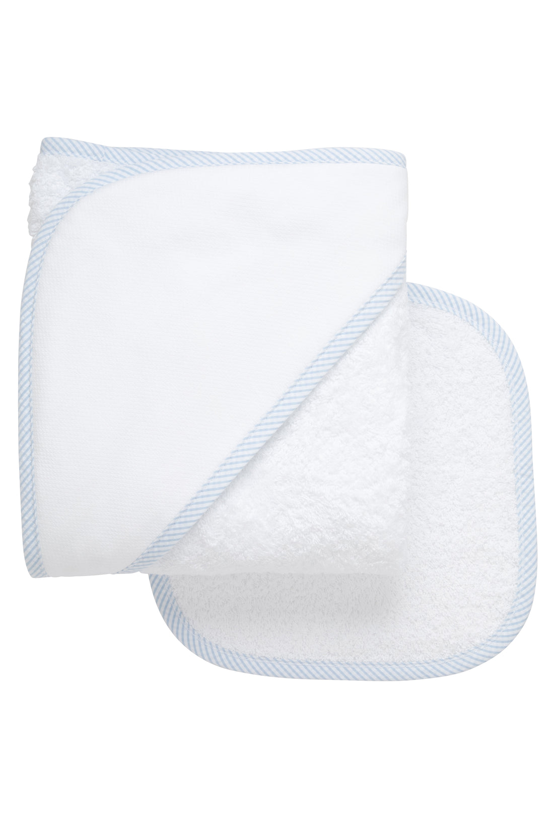 Cotton terry hooded towel and washcloth for baby to toddlers with blue seersucker stripe trimmed hood, 3 Marthas
