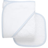 Cotton terry hooded towel and washcloth for baby to toddlers with blue seersucker stripe trimmed hood, 3 Marthas