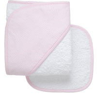 Cotton terry hooded towel and washcloth for baby to toddlers with pink seersucker stripe hood, 3 Marthas