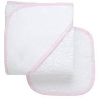 Cotton terry hooded towel and washcloth for baby to toddlers with pink seersucker stripe trimmed hood, 3 Marthas
