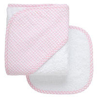 Cotton terry hooded towel and washcloth for baby to toddlers with pink gingham check hood, 3 Marthas