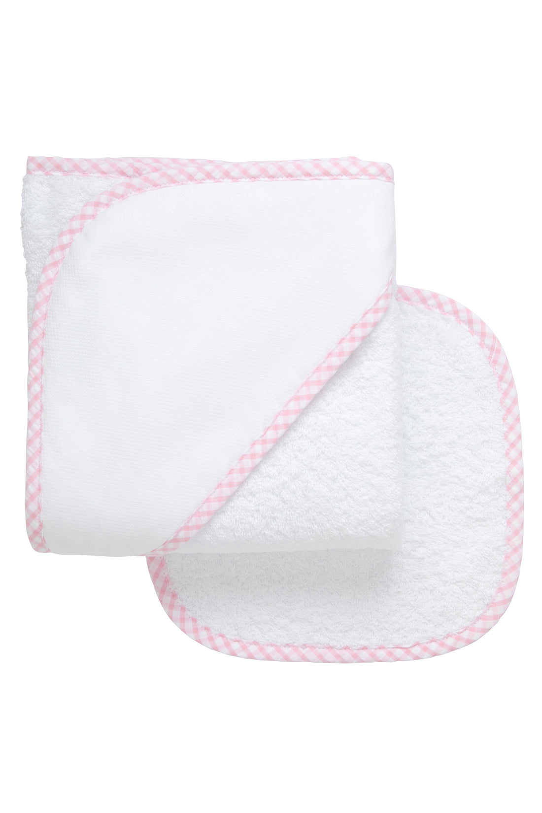 Cotton terry hooded towel and washcloth for baby to toddlers with pink gingham check trimmed hood, 3 Marthas