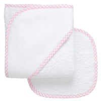 Cotton terry hooded towel and washcloth for baby to toddlers with pink gingham check trimmed hood, 3 Marthas