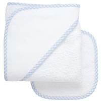 Cotton terry hooded towel and washcloth for baby to toddlers with blue gingham check trimmed hood, 3 Marthas