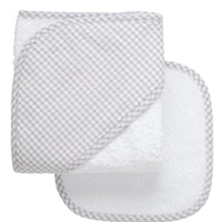 Cotton terry hooded towel and washcloth for baby to toddlers with gray gingham check hood, 3 Marthas