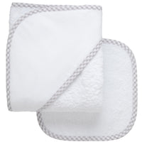 Cotton terry hooded towel and washcloth for baby to toddlers with gray gingham check trimmed hood, 3 Marthas