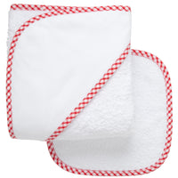 Cotton terry hooded towel and washcloth for baby to toddlers with red gingham check trimmed hood, 3 Marthas