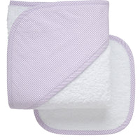 Cotton terry hooded towel and washcloth for baby to toddlers with lilac seersucker stripe hood, 3 Marthas