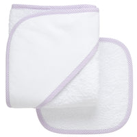 Cotton terry hooded towel and washcloth for baby to toddlers with lilac seersucker stripe trimmed hood, 3 Marthas