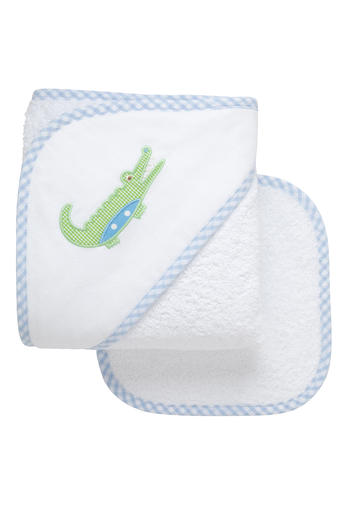 Cotton terry hooded towel for baby to toddlers with a green gingham check and blue dot alligator applique on the hood, 3 Marthas
