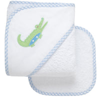 Cotton terry hooded towel for baby to toddlers with a green gingham check and blue dot alligator applique on the hood, 3 Marthas
