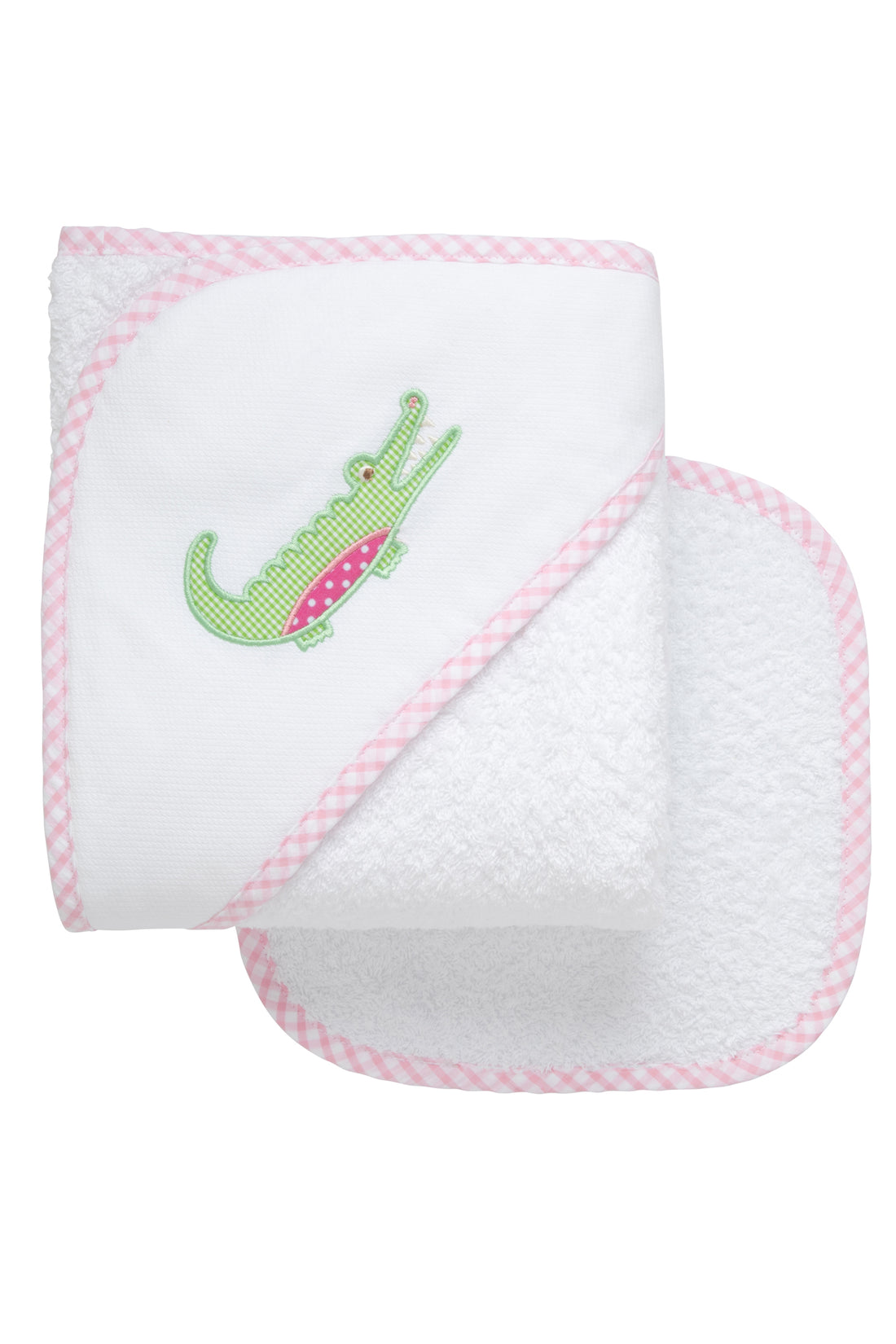 Cotton terry hooded towel for baby to toddlers with a green gingham check and pink dot alligator applique on the hood, 3 Marthas