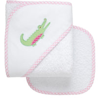 Cotton terry hooded towel for baby to toddlers with a green gingham check and pink dot alligator applique on the hood, 3 Marthas