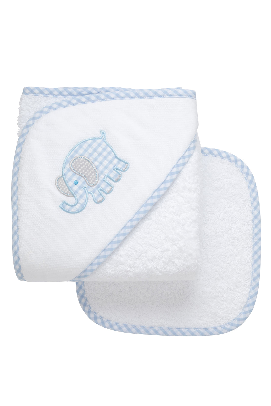 Cotton terry hooded towel and washcloth for baby to toddler with a blue gingham check and gray dot elephant applique, 3 Marthas