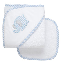 Cotton terry hooded towel and washcloth for baby to toddler with a blue gingham check and gray dot elephant applique, 3 Marthas