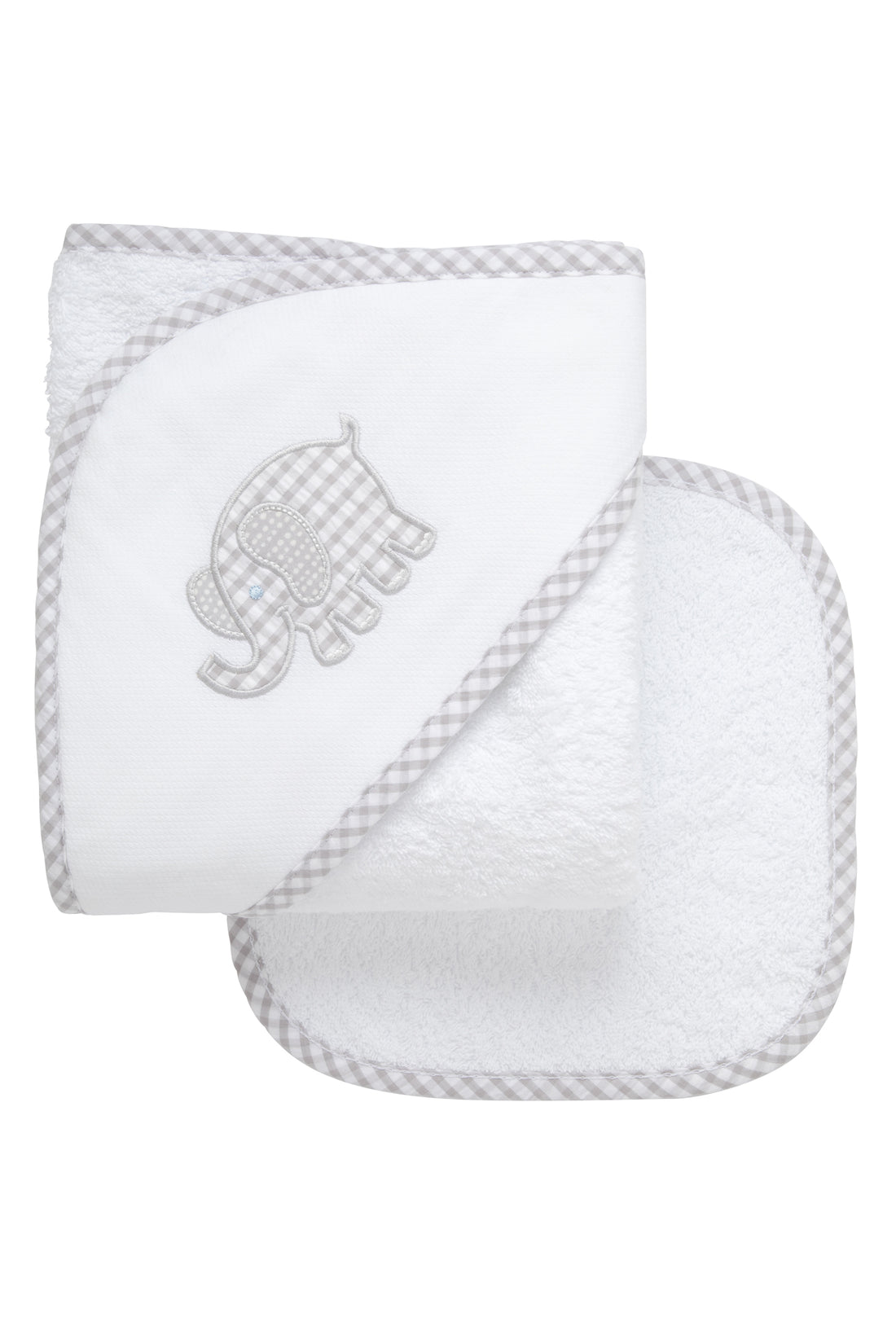 Cotton terry hooded towel and washcloth for baby to toddlers with a gray gingham check and gray dot elephant applique, 3 Marthas