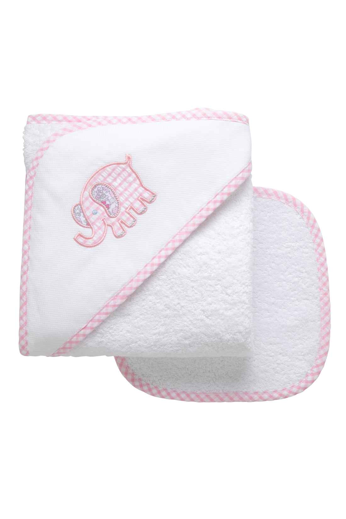 Cotton terry hooded towel and washcloth for baby to toddlers with a pink gingham check and floral elephant applique, 3 Marthas