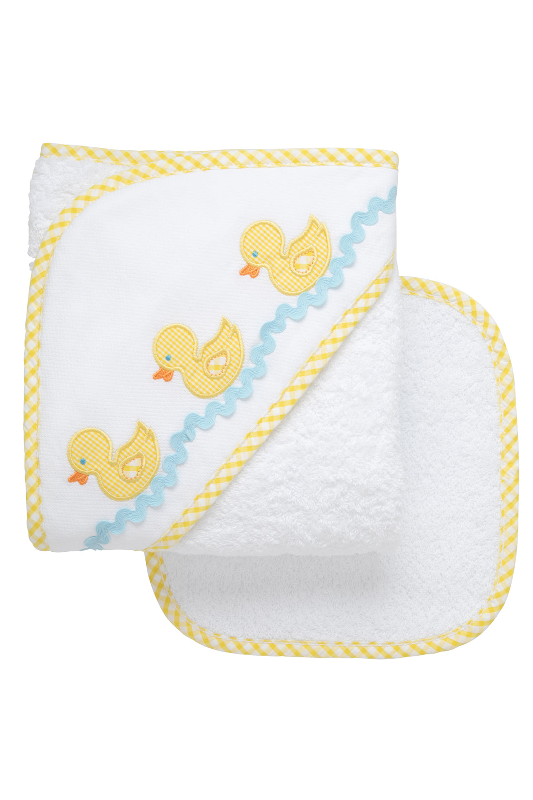 Cotton terry hooded towel and washcloth for baby to toddlers with three yellow gingham check duck appliques with blue ric rac, 3 Marthas