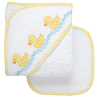 Cotton terry hooded towel and washcloth for baby to toddlers with three yellow gingham check duck appliques with blue ric rac, 3 Marthas