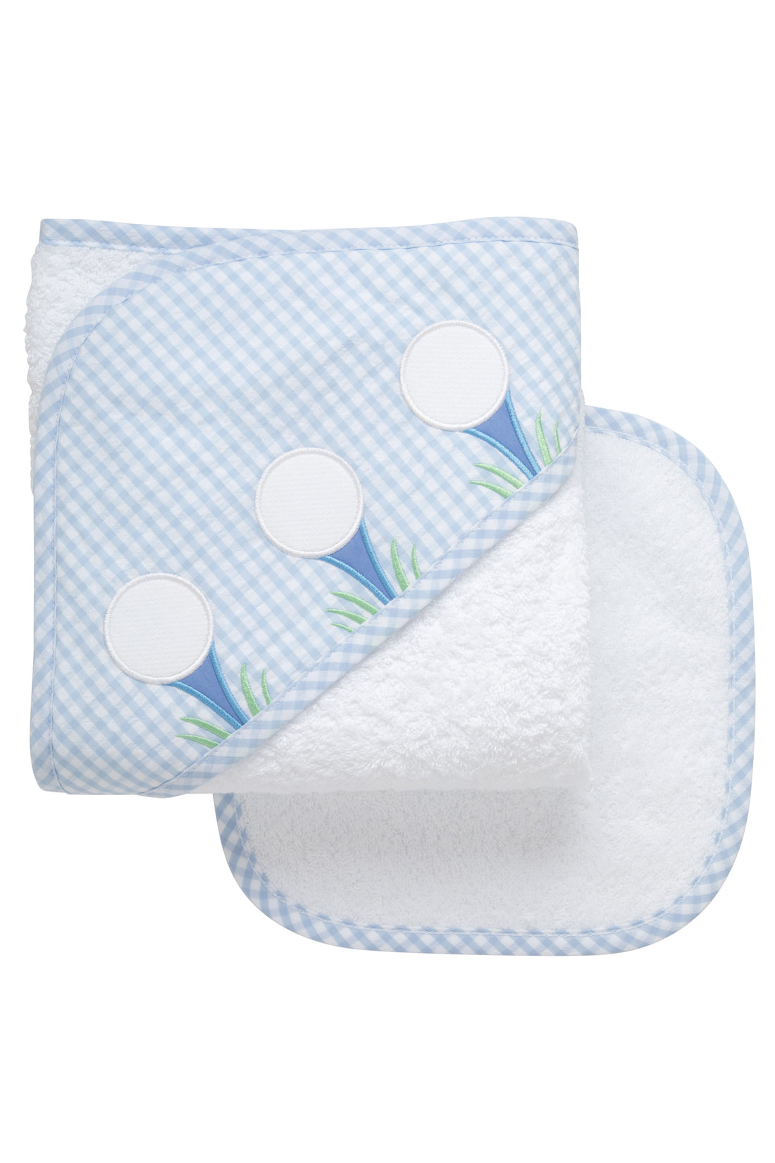 Cotton terry hooded towel and washcloth for baby to toddlers with a blue gingham check hood and three golf ball and tee appliques, 3 Marthas
