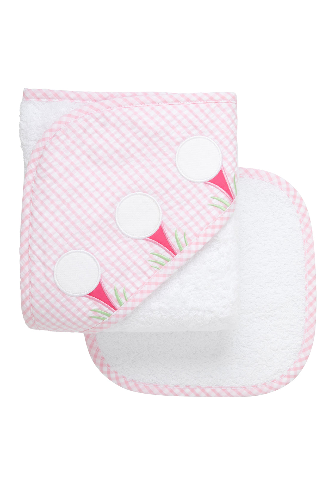 Cotton terry hooded towel and washcloth for baby to toddlers with a pink gingham check hood and three golf ball and tee appliques, 3 Marthas