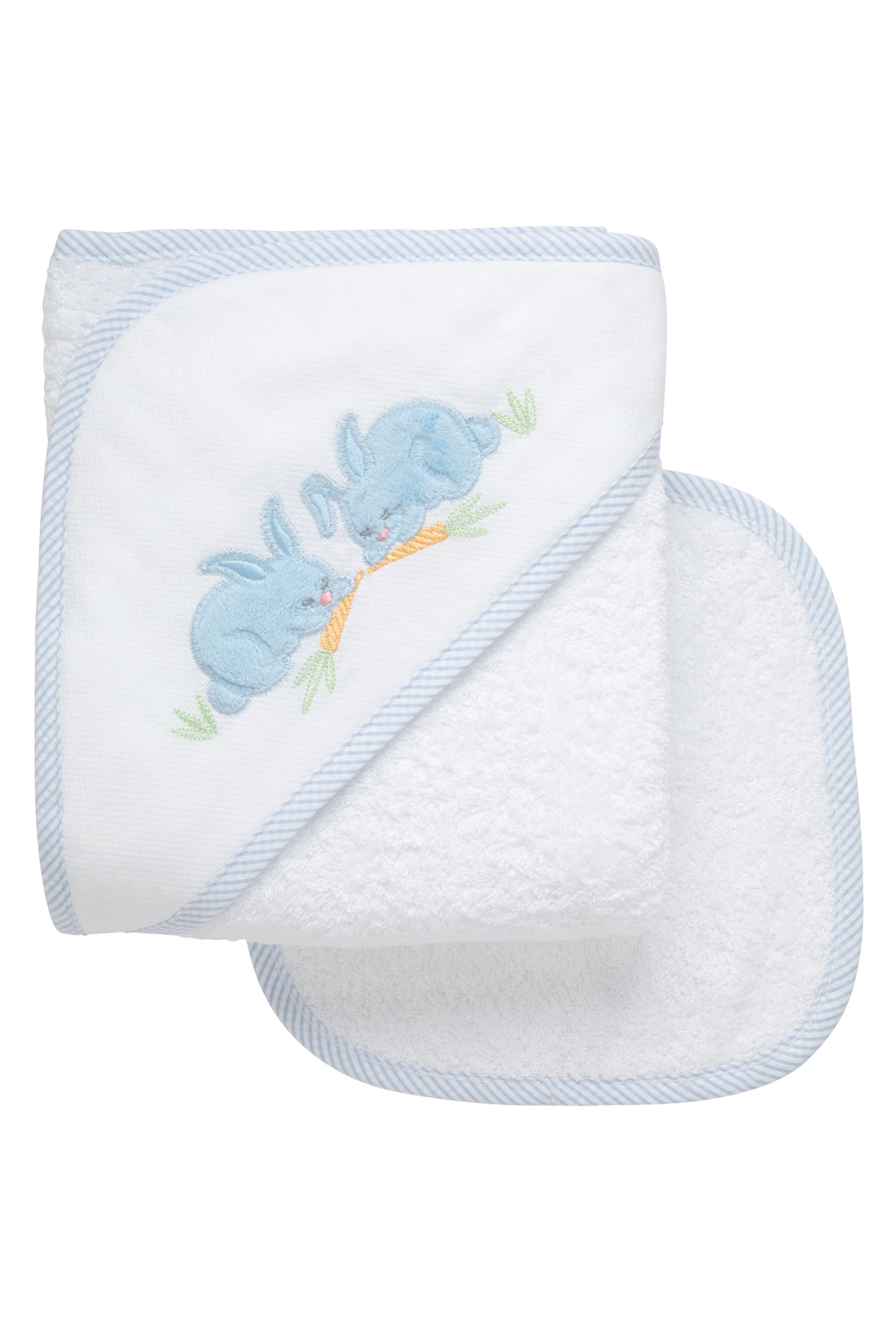Cotton terry hooded towel and washcloth for baby to toddlers with two blue fleece bunny appliques eating carrots on the hood, 3 Marthas
