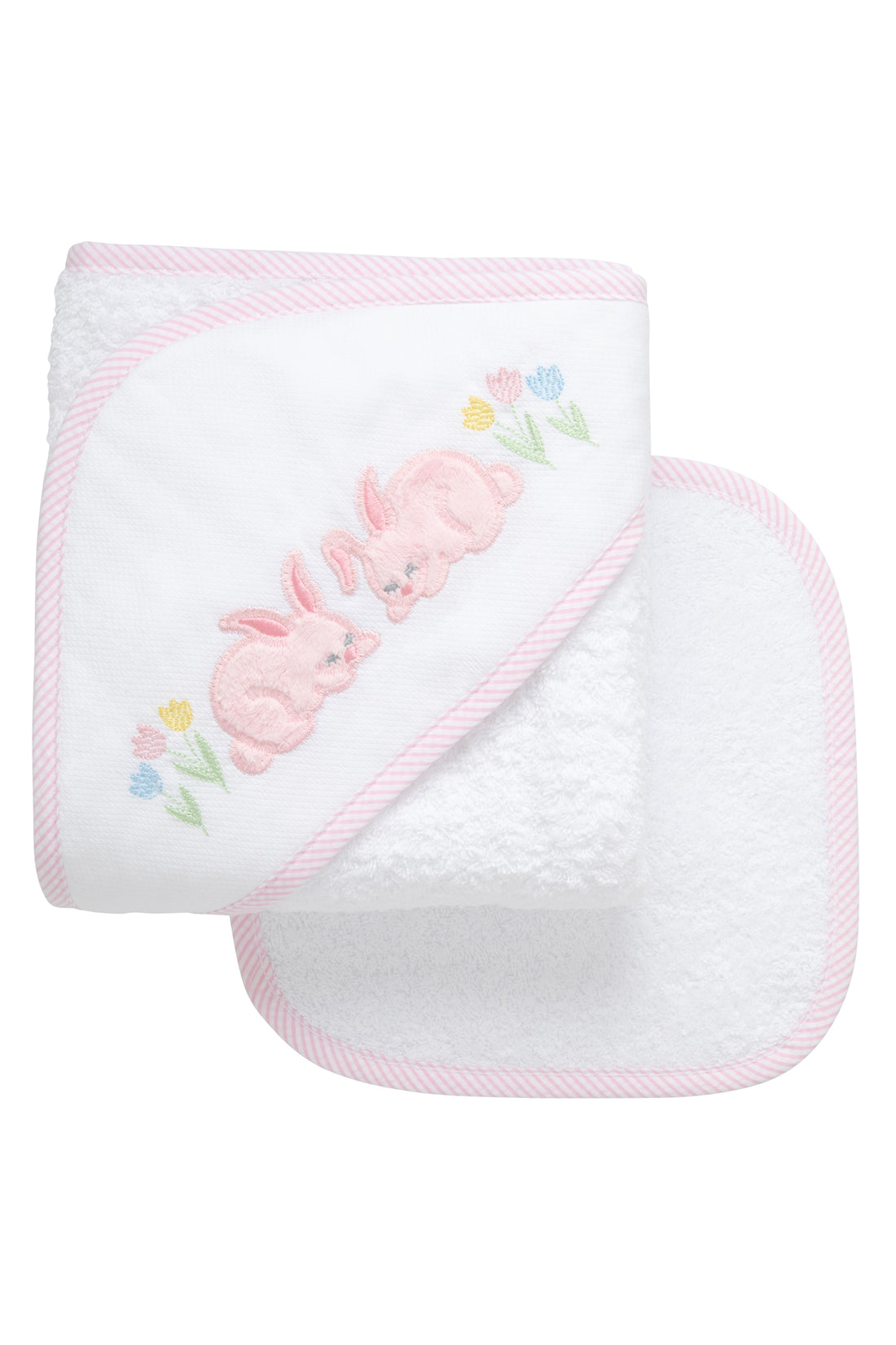 Cotton terry hooded towel and wash cloth for baby to toddlers with two pink fleece bunny appliques and tulip embroidery on the hood, 3 Marthas